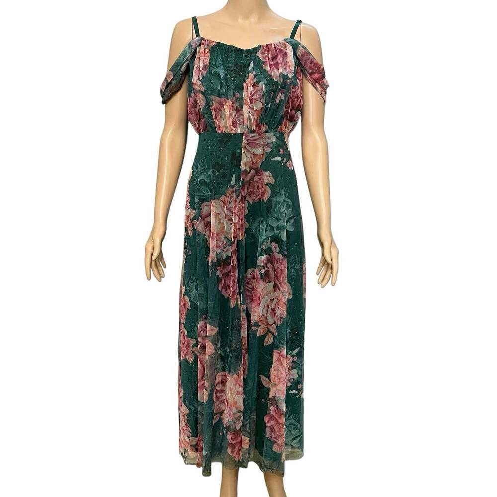 Candalite Mesh Floral Party Dress Small Fit And Flare Fairy Glitter Green Flowy